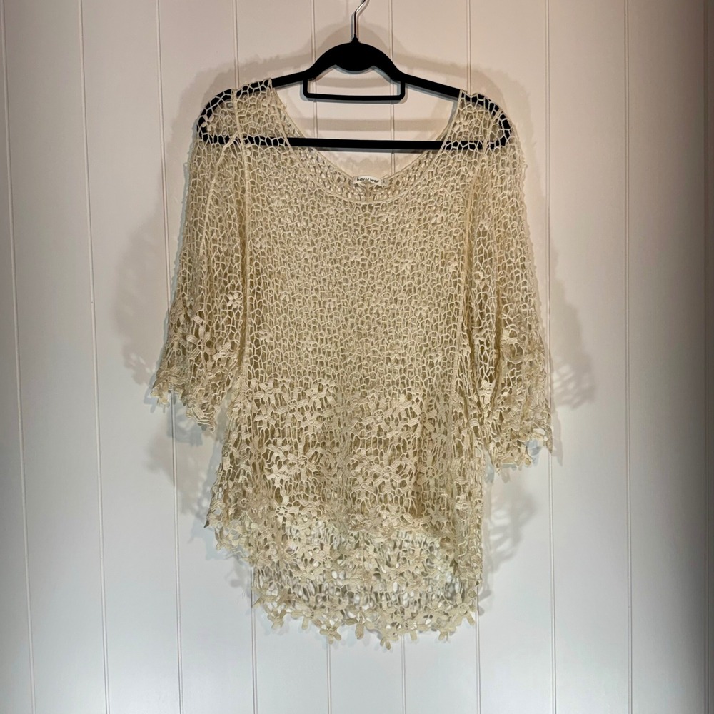 Breeze Ever Cream Crochet Knit Top Floral Lace 3/4 Sleeve Boho Cotton Large